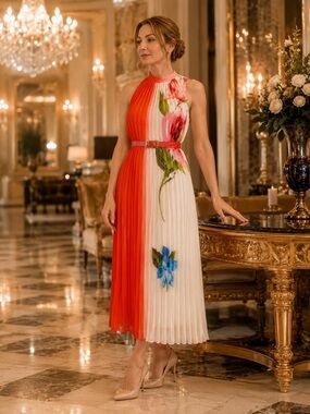 New Elie Tahari Red and White Pleated Maxi Dress with Floral Print size S